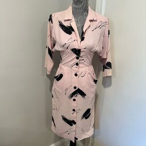 VTG 60s/70s Sz: 5/6 PV Rich Pink Abstract Button Down Dress. Pockets. Union made